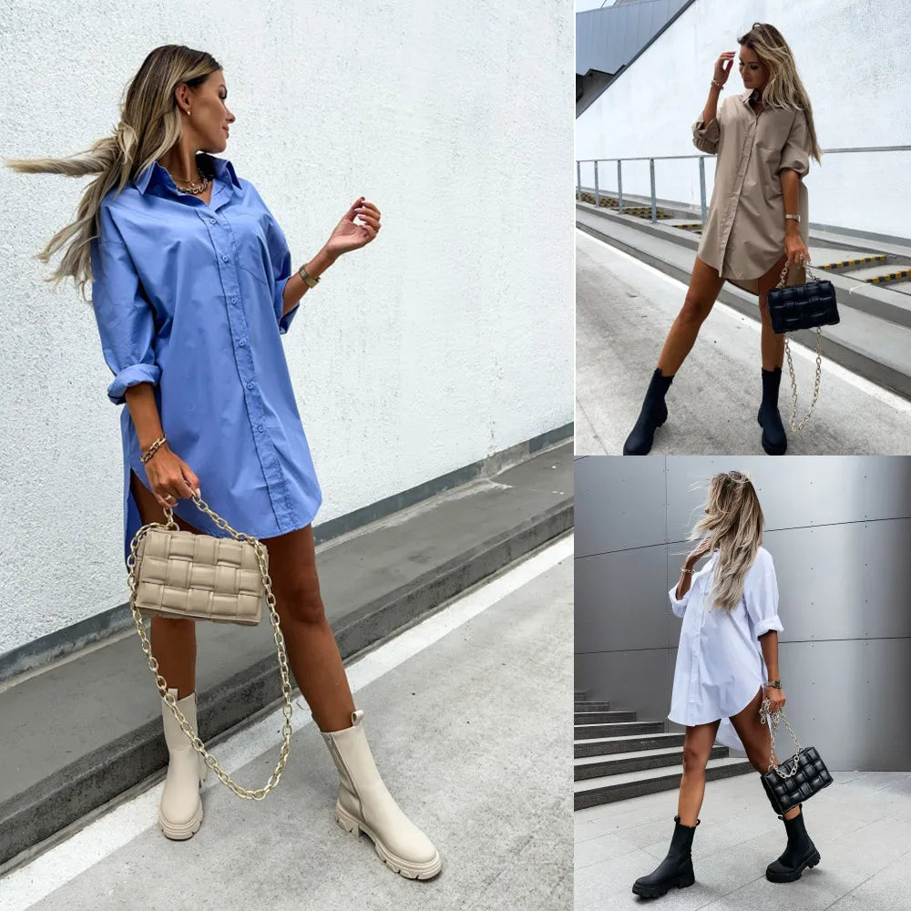 Anne Loose Fit Long Sleeve V-Neck Button Long Shirt