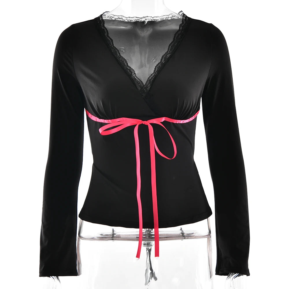 Leila Lacing Crop T-shirt with low cut V-neck